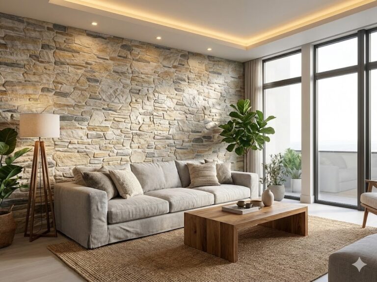 Salón contemporáneo con pared de aplacado imitación piedra jaca en tonos crema y beige, sofá tapizado gris claro, mesa de madera clara y grandes ventanales con vistas al exterior.
