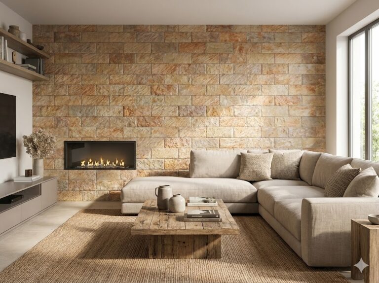 Salón contemporáneo con pared de revestimiento de piedra en tonos ocre y beige, chimenea de bioetanol empotrada, sofá modular gris claro y mesa de centro de madera. El acabado del revestimiento de pared imita piedra natural con textura rugosa y formato rectangular.