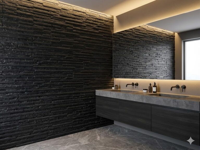 Baño con paredes revestidas en piedra negra texturizada y espejo con iluminación LED integrada. Lavabo de hormigón gris con grifería mural negra, reflejando un diseño minimalista y contemporáneo.