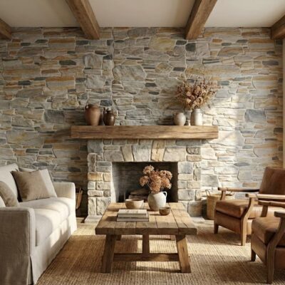 Salón contemporáneo con pared de revestimiento efecto piedra en tonos beige y gris, chimenea de obra, sofá de lino crema, sillones de cuero marrón y suelo de gres porcelánico imitación madera clara.