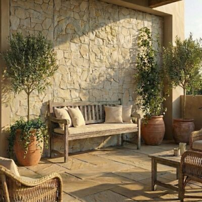 Terraza exterior con aplacado de pared efecto piedra en tono marfil, mobiliario de ratán y plantas en macetas de barro cocido. El revestimiento de piedra artificial cubre la pared principal bajo luz natural intensa.