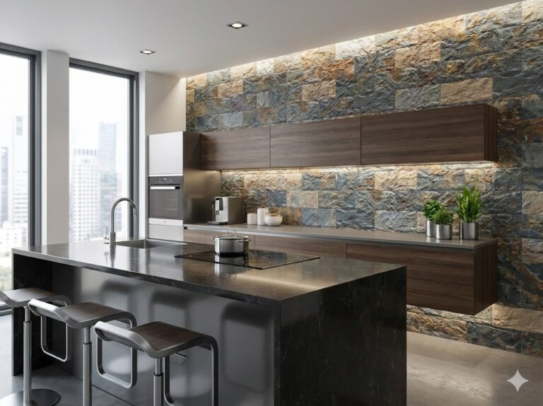 Cocina contemporánea con pared de revestimiento efecto piedra en tonos grises y beige, muebles de madera oscura, isla negra con encimera, y grandes ventanales con vistas urbanas.