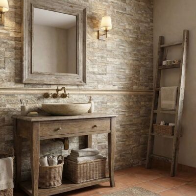Baño con revestimiento de pared efecto piedra rústica en tonos beige y grises, mueble de madera con lavabo de cerámica, espejo enmarcado, y complementos de almacenamiento en mimbre.