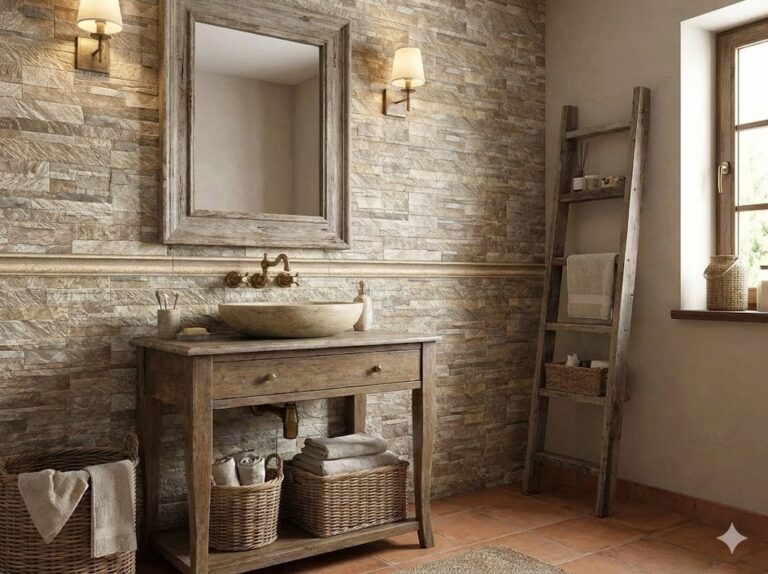 Baño con revestimiento de pared efecto piedra rústica en tonos beige y grises, mueble de madera con lavabo de cerámica, espejo enmarcado, y complementos de almacenamiento en mimbre.