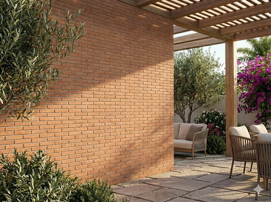 Terraza exterior con pared de ladrillo extrusionado raspado en tonos cálidos, pérgola de madera, plantas trepadoras y bougainvillea púrpura, mobiliario de jardín de ratán con cojines beige.