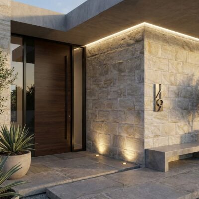 Entrada exterior moderna con aplacado de pared efecto piedra natural gris, puerta de madera oscura, banco de hormigón y plantas decorativas en macetas.