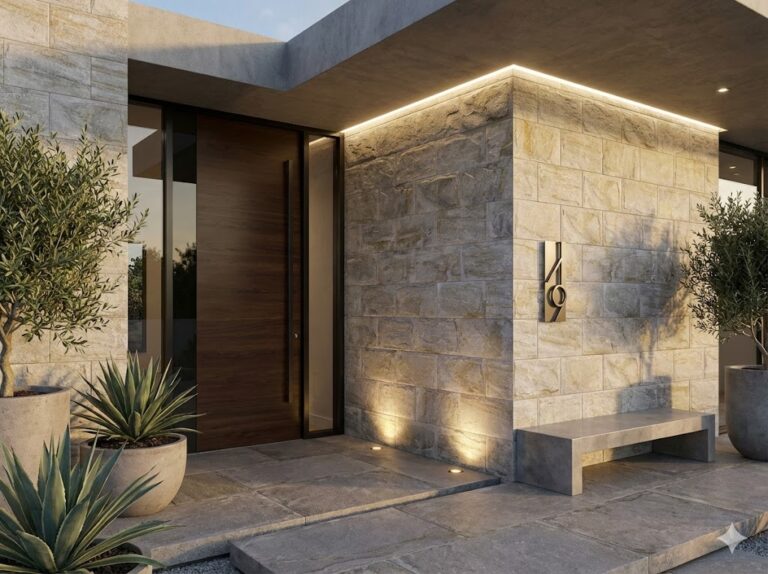 Entrada exterior moderna con aplacado de pared efecto piedra natural gris, puerta de madera oscura, banco de hormigón y plantas decorativas en macetas.