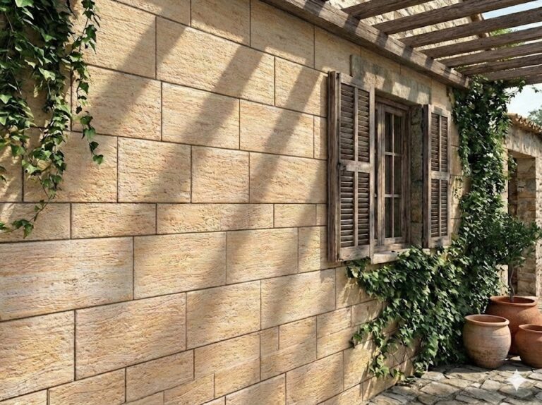 Pared exterior revestida con aplacado efecto piedra Palatino beige en tonos cálidos, con pergolado de madera en la parte superior, plantas trepadoras y macetas de terracota a los pies.