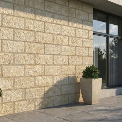 Fachada exterior con aplacado de hormigón efecto piedra en tono almendra, instalado en pared junto a puerta de vidrio y macetas de vegetación, bajo luz natural que realza la textura rugosa del revestimiento.