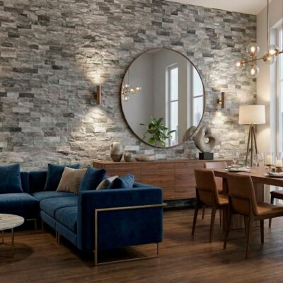 Salón contemporáneo con pared de revestimiento en imitación piedra gris en formato rectangular, combinado con sofá azul oscuro, espejo redondo y mobiliario de madera. El acabado del revestimiento presenta textura natural con variaciones tonales grises y beige.