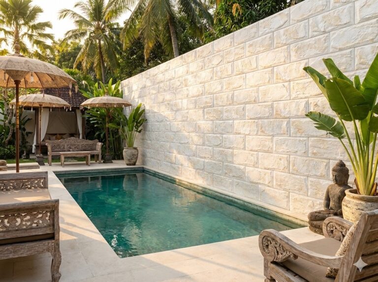Área de piscina exterior con paredes revestidas en aplacado imitación piedra moderna color blanco, rodeada de plantas tropicales y zona de descanso con sombrillas de estilo balinés.