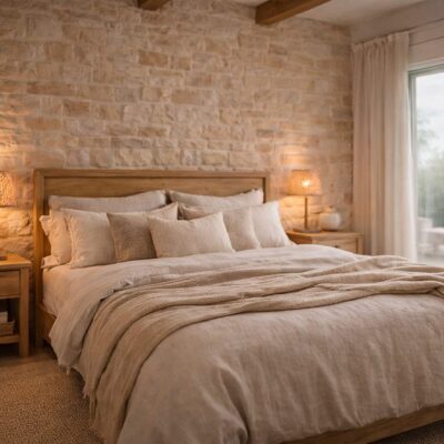 Dormitorio contemporáneo con pared de revestimiento efecto piedra natural en tonos beige y gris, cama de madera con ropa de cama neutros, mesillas de madera y lámparas de lectura a ambos lados, grandes ventanales con vistas al exterior y suelo de gres.
