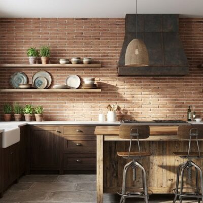 Cocina de estilo rústico con pared interior revestida de ladrillo cerámico visto en tonos terracota y arena, complementada con estantes flotantes de madera, encimera blanca, muebles oscuros y taburetes de madera.