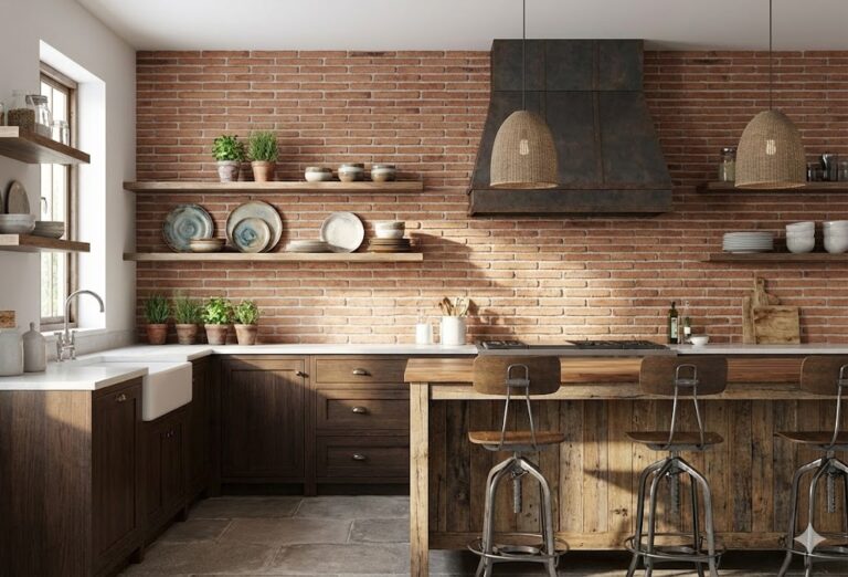 Cocina de estilo rústico con pared interior revestida de ladrillo cerámico visto en tonos terracota y arena, complementada con estantes flotantes de madera, encimera blanca, muebles oscuros y taburetes de madera.