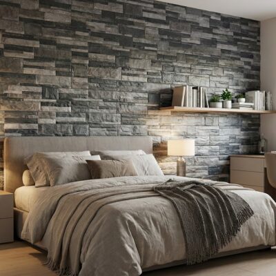 Dormitorio moderno con pared de revestimiento efecto piedra Saqqara grafito en tonos grises y marrones, cama tapizada beige con ropa de cama neutral, mesitas laterales con lámparas, estantería de madera y escritorio junto a ventana.