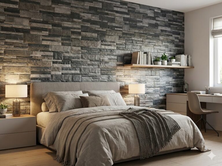 Dormitorio moderno con pared de revestimiento efecto piedra Saqqara grafito en tonos grises y marrones, cama tapizada beige con ropa de cama neutral, mesitas laterales con lámparas, estantería de madera y escritorio junto a ventana.