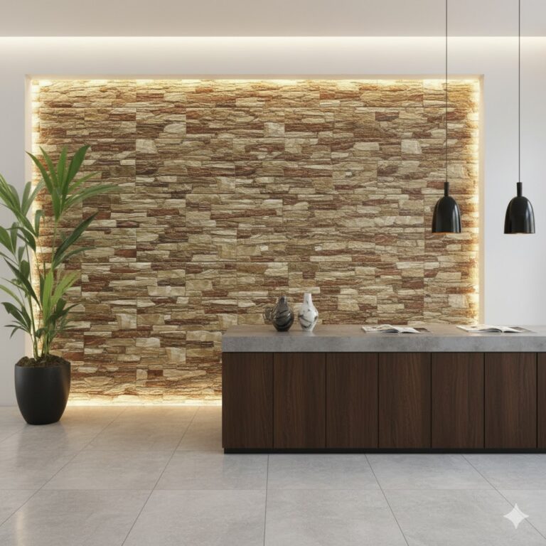 Espacio de recepción contemporáneo con pared de fondo revestida en aplacado efecto piedra esparta en tonos ocre y beige, iluminada indirectamente. Mostrador de madera oscura con encimera gris, decorado con jardinera y piezas cerámicas. Suelo porcelánico gris claro y dos lámparas colgantes negras minimalistas.