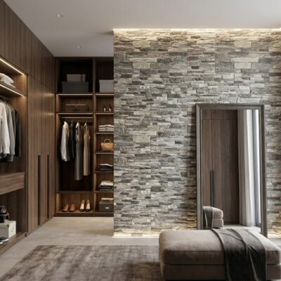 Vestidor con revestimiento de pared en efecto piedra esparta gris, muebles de madera oscura con almacenamiento integrado, suelo cerámico y acceso a zona de descanso lateral.