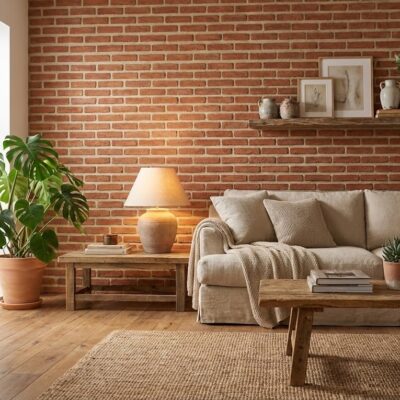 Salón acogedor con pared de revestimiento imitación ladrillo rojo, sofá beige con cojines de lino, mesa de madera, lámpara de cerámica y plantas verdes junto a ventana luminosa.