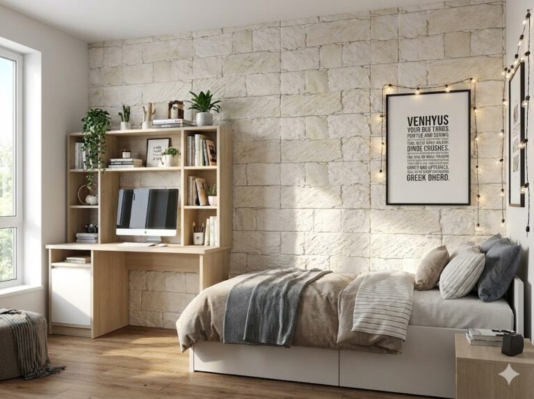 Dormitorio contemporáneo con pared de revestimiento imitación piedra Cárpatos en tonalidad marfil, cama blanca con ropa de cama gris y beige, escritorio de madera clara con estantería integrada y plantas decorativas.