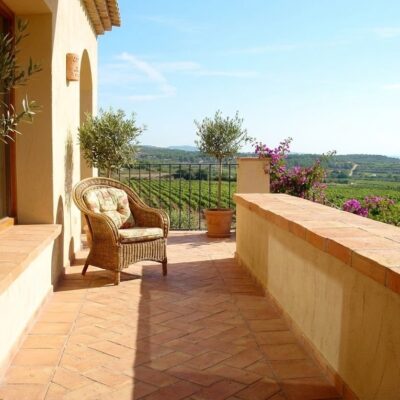 Terraza exterior con suelo de barro cocido en tonos tierra, rodeada de macetas con plantas y flores magenta. Vistas panorámicas al paisaje verde de viñedos. Barandilla metálica negra y sillón de mimbre completan el espacio.