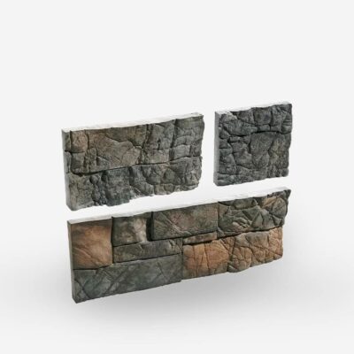 Tres piezas de aplacado de hormigón con efecto piedra natural en tonos grises y beige. Superficie con textura irregular y acabado rústico que imita mampostería de piedra.