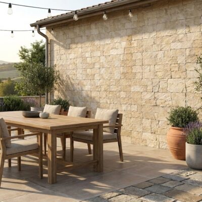 Terraza exterior con aplacado de piedra natural Cárpatos beige en fachada, mobiliario de madera y plantas en macetas de terracota y hormigón. El revestimiento de piedra natural crea una textura irregular característica con tonos cálidos que se integra con el paisaje rural de fondo.