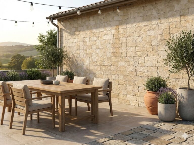 Terraza exterior con aplacado de piedra natural Cárpatos beige en fachada, mobiliario de madera y plantas en macetas de terracota y hormigón. El revestimiento de piedra natural crea una textura irregular característica con tonos cálidos que se integra con el paisaje rural de fondo.