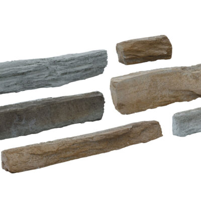 Seis muestras de piedra natural para revestir pared en tonos variados: grises azulados, beiges cálidos y marrones, con texturas rústicas y acabado mate irregular, mostrando la diversidad cromática y de superficie del material Zurich Old.