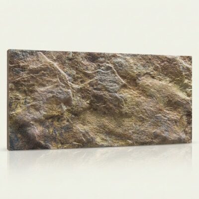 Plaqueta rectangular con textura de piedra natural en tonos beige y grises, acabado rugoso y relieve irregular que imita la piedra volcánica Volterra.