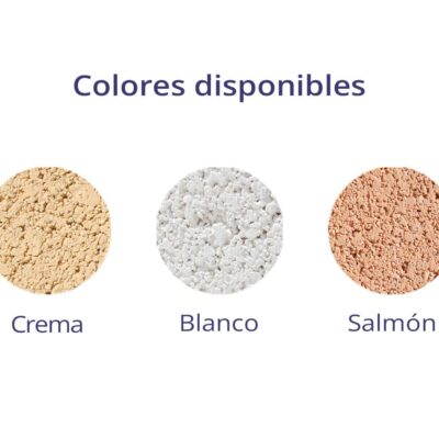 Tres muestras de polvo cerámico mostrando los colores disponibles: Crema (tono beige cálido), Blanco (blanco puro), y Salmón (rosa melocotón). Cada muestra presenta textura granulada y acabado mate.