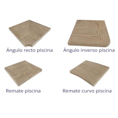 Cuatro piezas de remate de piscina en gres porcelánico imitación madera: ángulo recto con surcos en V, ángulo inverso con bordes redondeados, remate plano y remate curvo. Acabado madera natural en tonos claros.