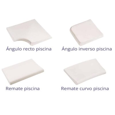 Cuatro piezas de remate de piscina en cerámica: ángulo recto piscina con concavidad, ángulo inverso piscina redondeado, remate piscina rectangular y remate curvo piscina. Todas en color blanco, acabado mate liso.