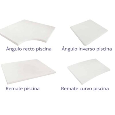 Cuatro piezas de remate para piscina en porcelánico: ángulo recto con borde curvo, ángulo inverso plano, remate recto y remate curvo. Todas en blanco mate, formato pequeño cuadrado o rectangular.