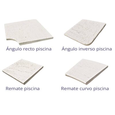 Cuatro piezas de remate para piscina en hormigón color blanco: ángulo recto con borde biselado, ángulo inverso redondeado, remate plano y remate curvo. Superficie con textura granulada característica del hormigón.