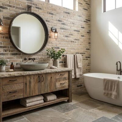 Baño con revestimiento de pared efecto ladrillo rústico blanco envejecido, mueble de madera con lavabo de cerámica, espejo circular negro, bañera exenta blanca y suelo de gres en tonos grises.