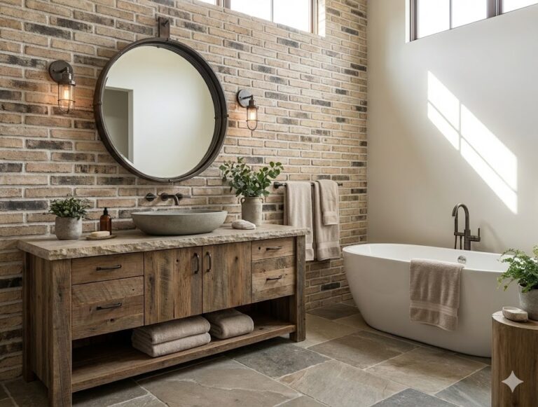 Baño con revestimiento de pared efecto ladrillo rústico blanco envejecido, mueble de madera con lavabo de cerámica, espejo circular negro, bañera exenta blanca y suelo de gres en tonos grises.