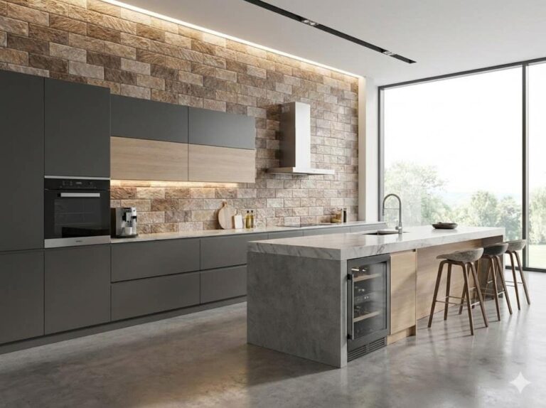 Cocina contemporánea con revestimiento de pared efecto piedra en tonos beige y marrón, isla central de hormigón con barra de bar, muebles grises y ventanal con vistas al exterior.