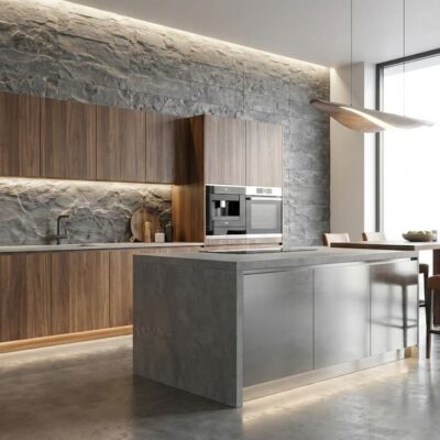 Cocina de diseño contemporáneo con revestimiento de pared tipo piedra gris Pafos en acabado natural, isla central en hormigón pulido, muebles en tonos madera oscura y suelo porcelánico imitación madera claro.