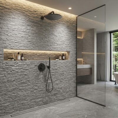 Baño contemporáneo con revestimiento de ducha efecto piedra gris en acabado texturizado, mampara de vidrio sin marco, bañera exenta blanca y vistas al jardín a través de grandes ventanales con cortinas grises.