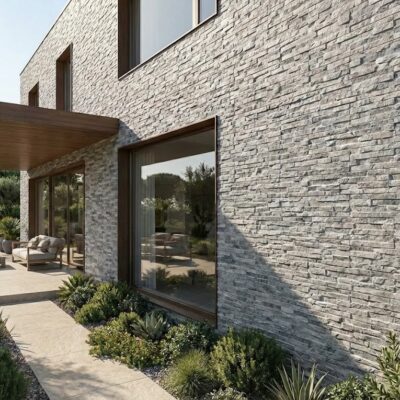 Exterior de vivienda contemporánea con aplacado de fachada efecto piedra en tonos grises perla, grandes ventanales con marco oscuro y jardín xerófilo con plantas crasas y ornamentales.