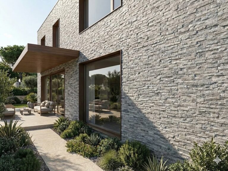 Exterior de vivienda contemporánea con aplacado de fachada efecto piedra en tonos grises perla, grandes ventanales con marco oscuro y jardín xerófilo con plantas crasas y ornamentales.
