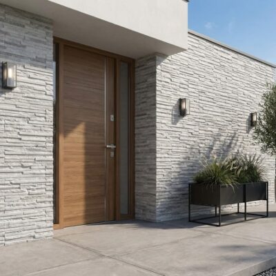 Entrada de vivienda con fachada revestida en piedra gris claro, puerta de madera en tono miel, iluminación integrada y plantas en macetas de hormigón sobre pavimento de exterior.
