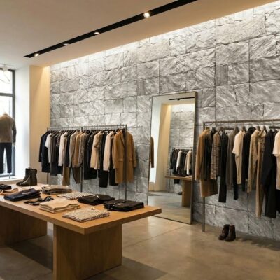 Interior comercial de tienda de ropa con paredes revestidas con baldosas efecto piedra gris en formato rectangular, expositor central de madera con prendas plegadas, barras de ropa negras con piezas en tonos neutros y negros, espejo grande y lighting empotrado en techo.