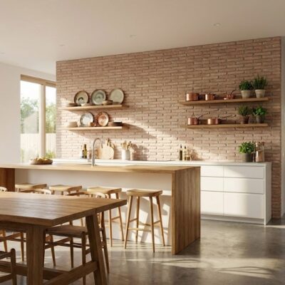 Cocina contemporánea con revestimiento de pared de ladrillo manual blanco en tonos cálidos. Estantes flotantes de madera, encimera clara, suelo de gres porcelánico gris y grandes ventanales que permiten entrada de luz natural.