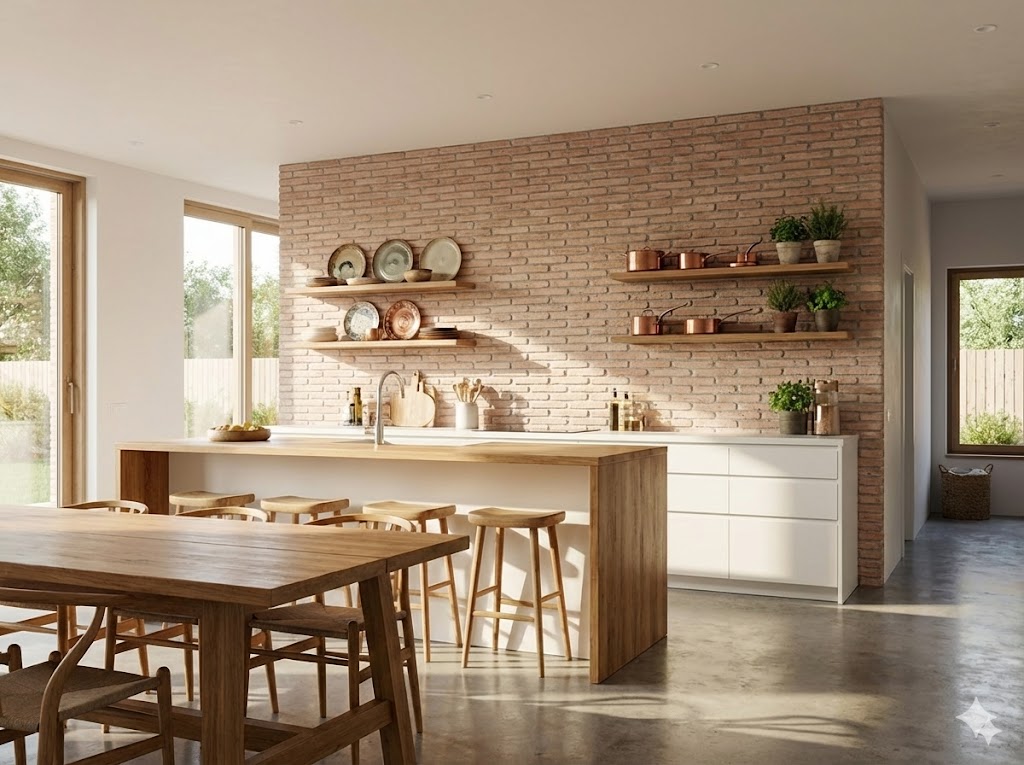 Cocina contemporánea con revestimiento de pared de ladrillo manual blanco en tonos cálidos. Estantes flotantes de madera, encimera clara, suelo de gres porcelánico gris y grandes ventanales que permiten entrada de luz natural.