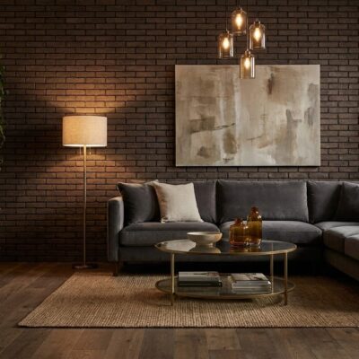 Salón contemporáneo con pared de revestimiento de ladrillo rústico marrón oscuro que crea un acabado textil cálido. La estancia combina sofá gris antracita, mesa de centro metálica, lámparas colgantes de cristal y estantería de madera sobre suelo de gres porcelánico imitación madera.