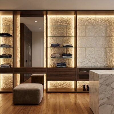 Vestidor contemporáneo con paredes revestidas en piedra beige con textura natural y sistema de iluminación integrada en los nichos. Mueble de almacenamiento con puertas oscuras, suelo de gres y pouf tapizado completan el espacio.