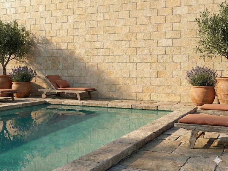 Terraza exterior junto a piscina con agua turquesa, revestida con aplacado de hormigón efecto piedra en tonos crema y beige. Mobiliario de descanso y macetas de barro con plantas aromáticas completan el espacio.