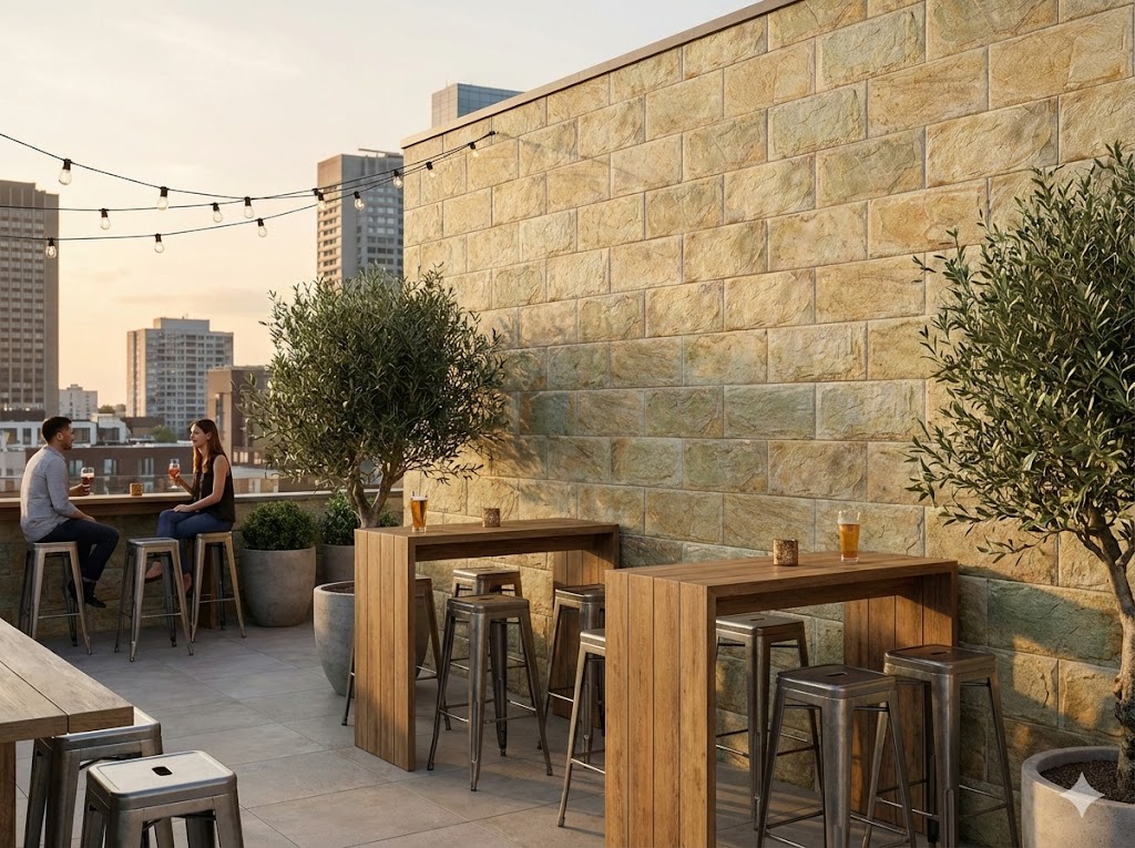 Terraza moderna con revestimiento de pared exterior efecto piedra en tonos ocre y beige, mobiliario de madera, plantas en macetas y vista urbana al atardecer con string lights.